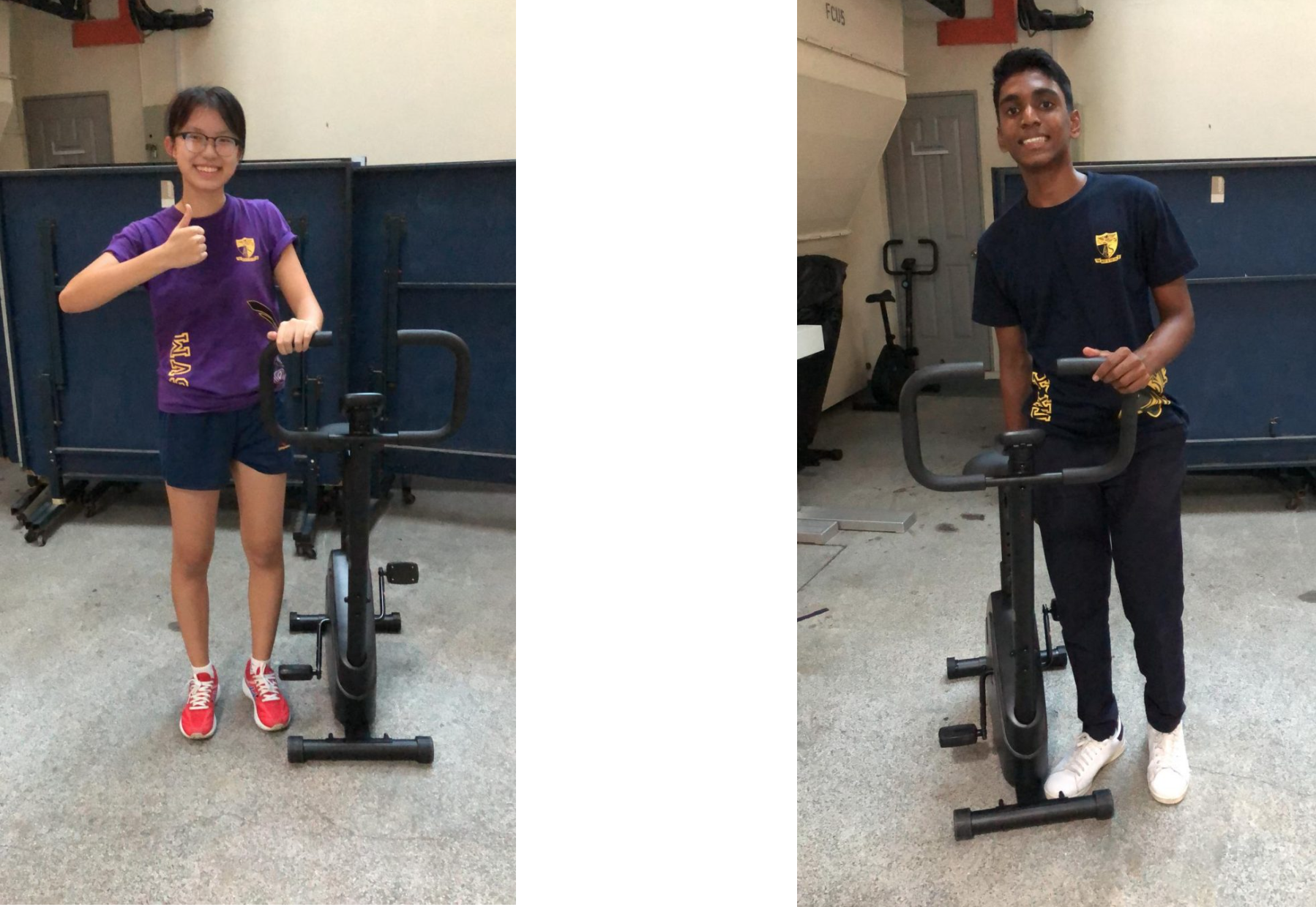 Two teens in matching uniforms stand beside stationary exercise bikes indoors, one giving a thumbs up.